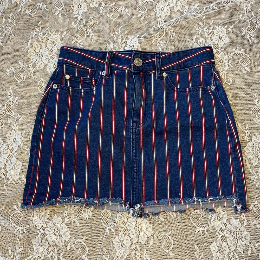 American Eagle Super Stretch Red White and Blue Pinstripe Mini Jean Skirt